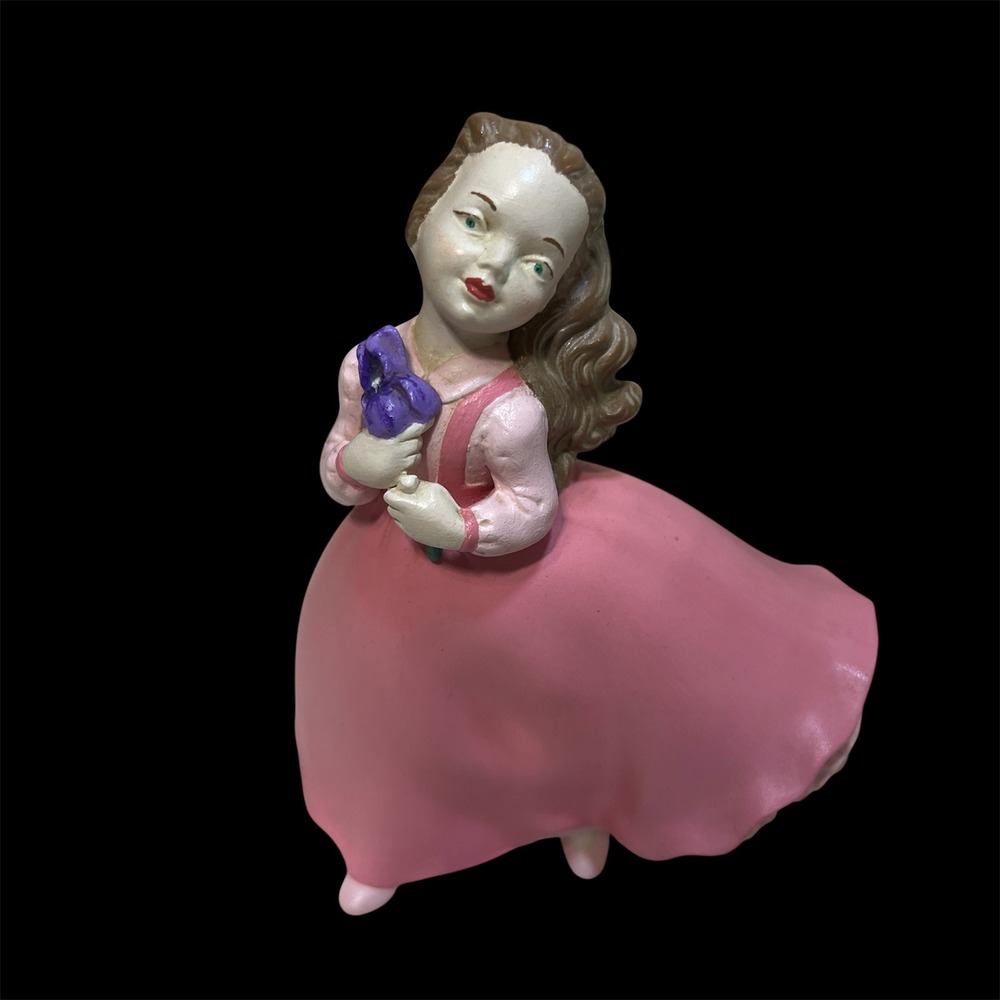 VTG 1968 Holland Mold Ceramic Girl 7" Figurine Pink Dress Purple Flower Signed